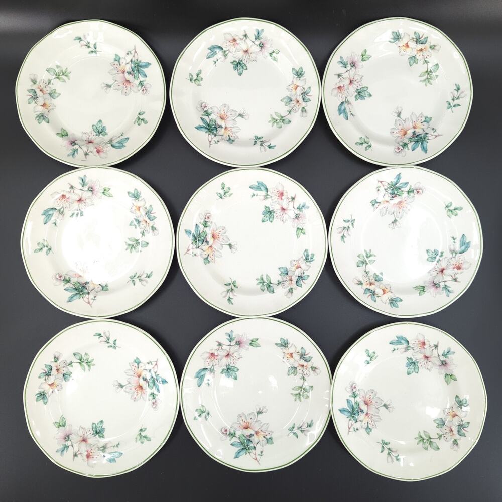 Adams China Azalea Bread Butter Plates White Green Floral Set of 9 VTG FLAW